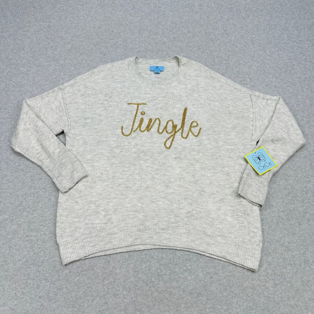 CeCe “Jingle” Holiday Sweater WMNS M Relaxed Fit Pullover Festive Gold Script